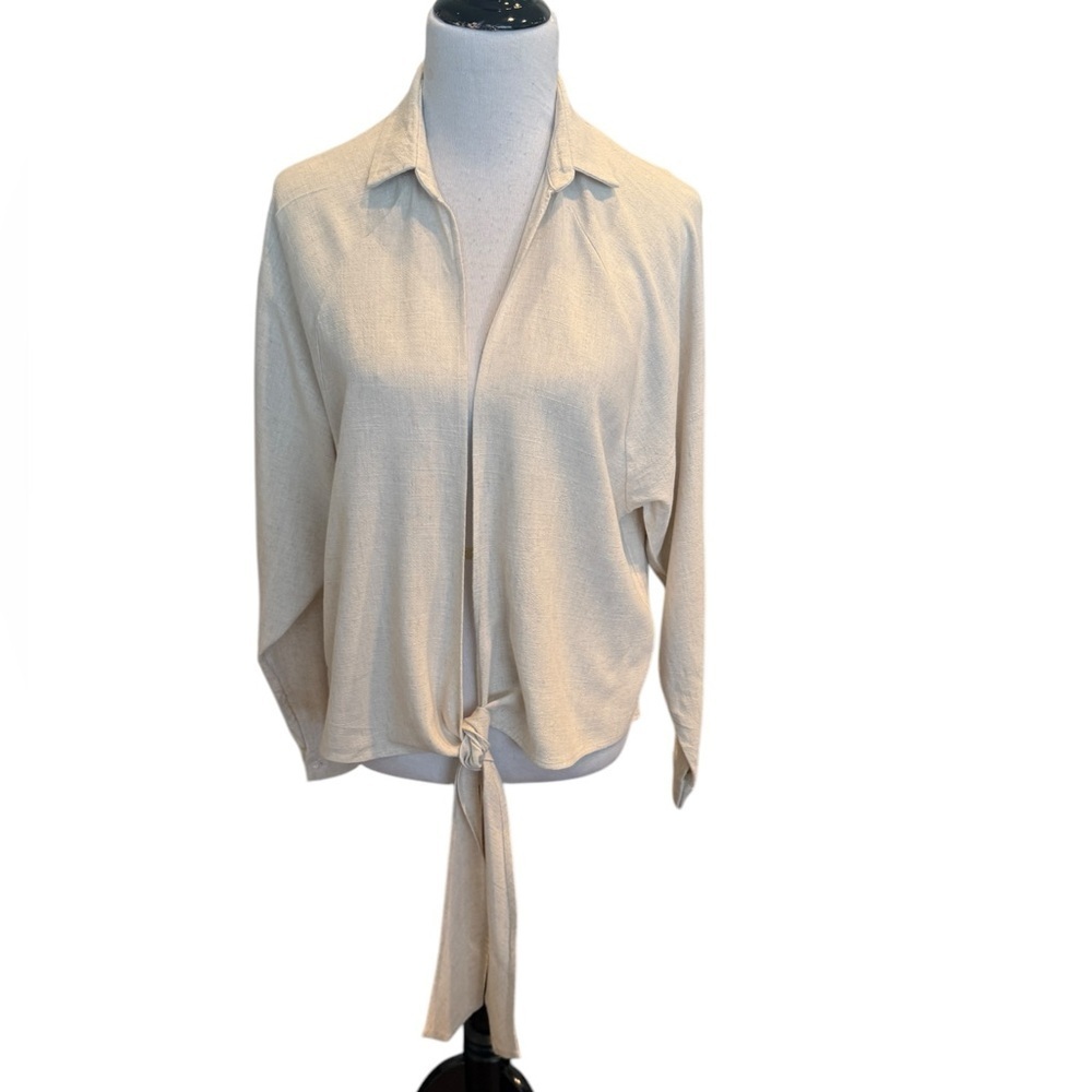 Emory Park Relaxed Shirt with Tie in Front Rayon/Linen  Texture Long Sleeves S